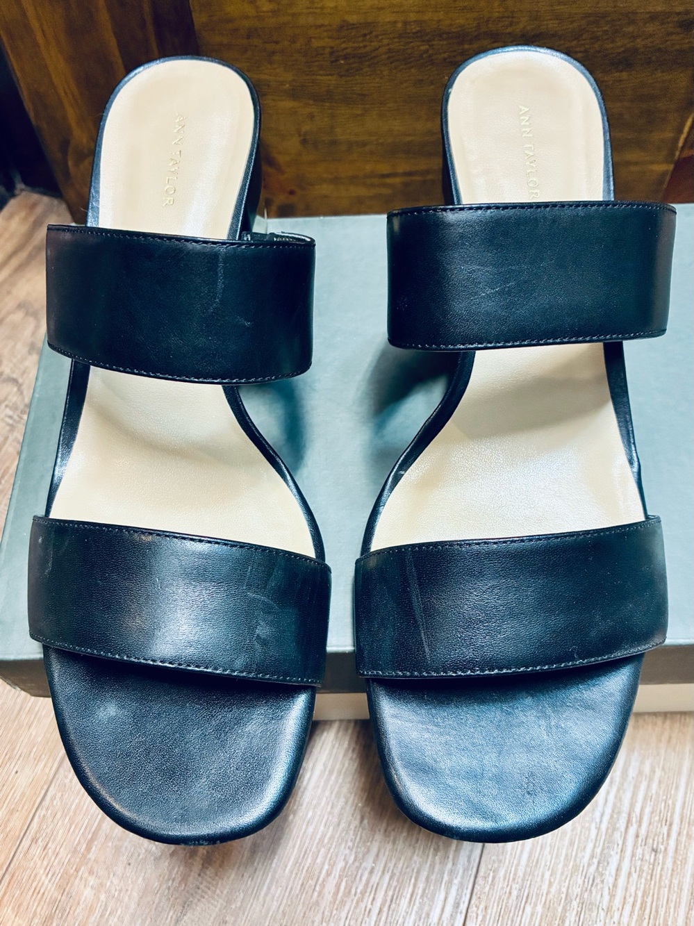 Ann Taylor Black Double-Strap Leather Slide Mules w/ Gold Block Heel Accent 9.5